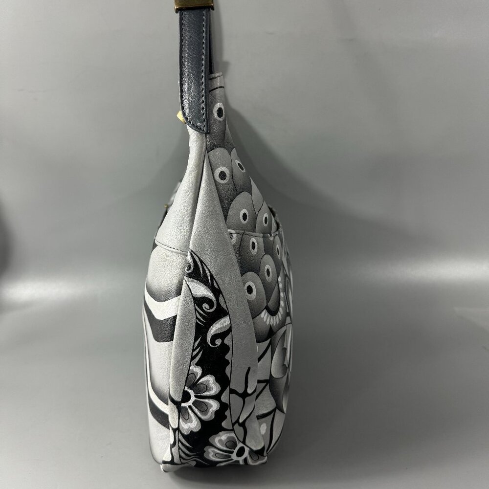 Anna by Anuschka Black/White Floral Leather Hobo Shoulder Bag - Picture 8 of 15